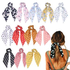 12 Pcs Hair Bow Scrunchies Ribbons for Women Girls Silk Hair Ties Scarf Hair Scrunchies Floral Hair Bands Ponytail Holder