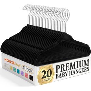 HOUSE DAY 11 Inch Black Velvet Baby Hangers 20 Pack, Premium Kids Hangers for Children, Infant & Toddler Clothes, Durable Non Slip Baby Felt Hanger for Closet, Ideal for Everyday Use