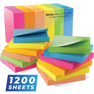 Sticky Notes 3x3 in (12 Pads) Bright Colored Super Self Sticky Pads - 100 Sheets/Pad - Easy to Post for School, Office Supplies, Desk Accessories