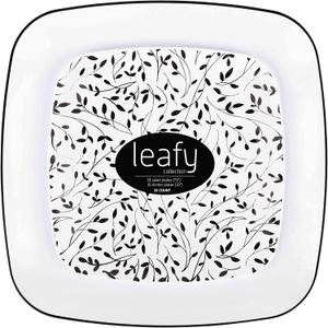 PLASTICPRO Square 32 Piece Combo Plates Set includes 16 x 7'' inch Salad Plates & 16 x 10'' inch Dinner Plates White Plastic withBlack Leaf Design Party Plates, Premium Elegant, Tableware,