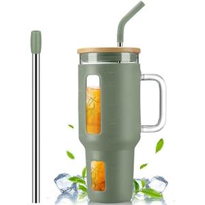 Kodrine 40 oz Glass Tumbler with Handle, Iced Coffee Tumbler with Straw and Bamboo Lid, Glass Drinking Cup with Silicone Sleeve Time Marker, Water Bottle Dishwasher Safe, Cup Holder Friendly, Olive
