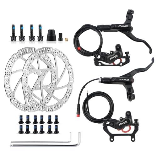 ZOOM Ebike Hydraulic Disc Brake Set: HB-876E 4-Pistons Power-Off Electric Bike Brake Kit with 2-PIN Sensor Included 180mm Rotors and Mounting Adapter