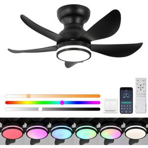 Low Profile Ceiling Fans with Lights and Remote/APP Control, Flush Mount,Reversible,Dimmable30 inch Black Ceiling Fan with RGB Lights for Kids Room,Bedroom,Living Room
