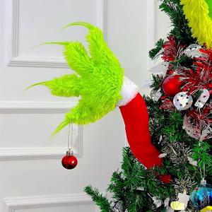 Christmas Elf Body Tree Decorations, Christmas Green Monster Stole Xmas Tree Topper, Pose-able Elf Stuffed Leg Arm and Head for Christmas Tree Decor Hanging Ornament Arms, 27.6x7.8 inch