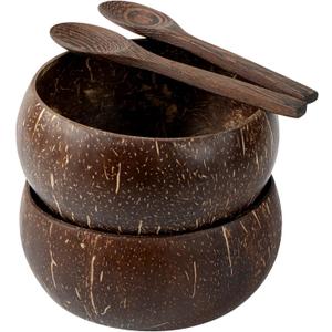 frymmx Natural Coconut Bowls & Spoons Set of 2 - Hand-Polished with Organic Oil, Eco-Friendly Smoothie Bowls for Acai/Poke/Salads, Durable Coconut Shell Crafted, Kitchenware with Lightweight Design