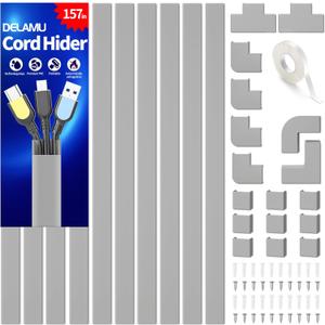 Cord Hider, 157in Delamu Wire Covers for Cords Cable Management, TV Cable Hider Wall Kit, Cable Raceway Cover Wire Hider Management, Cord Hider Wall Mounted TV, 10XL15.7 W0.95 H0.55in Grey