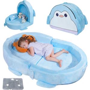 Portable Toddler Bed Folding Toddlers Floor Beds for Kids Foldable Soft Foam Travel Bed for Baby, Washable Cover Toddler Cot with Safety Rail for Travel, Home/Travel Sleep (Penguin)