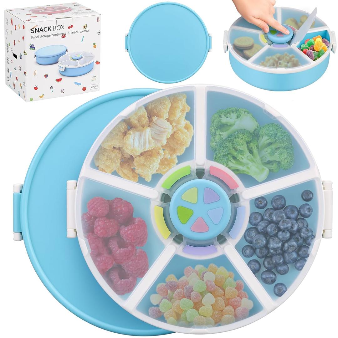 Kids Original Snack Spinner Bundle - Reusable Snack Container with 5 Compartment Dispenser and Lid | BPA and PVC Free | Dishwasher Safe | No Spill, Leakproof,for Toddlers,School (Blue-2Pack)