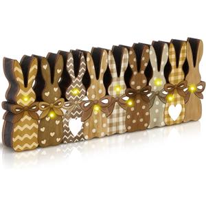 Yousoontic Rustic Easter Bunny Decor with LED Lights, 9-piece Wooden Plaid Bunny Centerpiece, Farmhouse Vintage Brown Rabbit Sign for Mantel, Tiered Tray, Dining Table and Spring Home Decoration