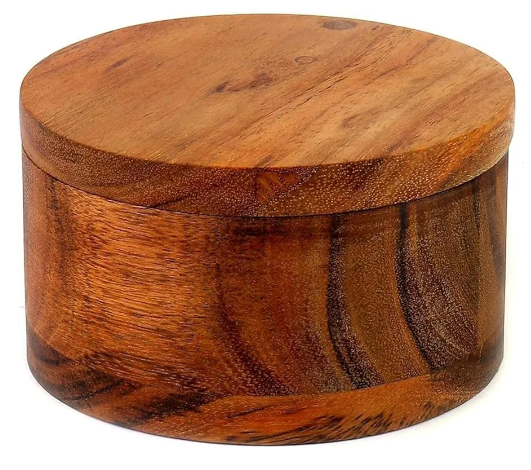 Kaizen Casa Acacia Wood Salt or Spice Box with Swivel Cover perfect for keeping table salt, gourmet salts, herbs or favorite seasonings, close at hand on your countertop.