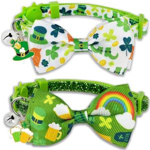 St. Patrick's Day Cat Collar with Bow Tie and Bell, Adjustable Breakaway Shamrock and Rainbow Kitty Collar, Holiday Accessories for Cats and Kittens, Boys and Girls