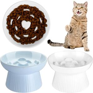 Tioncy 2 Pcs Raised Cat Slow Feeder Bowl Ceramic Elevated Cat Dog Food Bowl No Spill High Edge for Dry Wet Food and Water Easy to Clean, Dishwasher Safe (White, Blue)