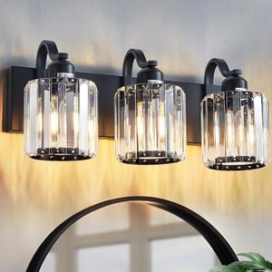 Modern 3-Lights Black Bathroom Vanity Light, Crystal Bathroom Lights Over Mirror, Modern Wall Lighting Fixtures with Crystal Round Shade (Exclude Bulb)