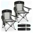 2 Pack Camping Chairs for Adults,Oversized Mesh Back Lawn Chair with Cup Holder, Side Pocket&Bag for Outdoor,Beach,Picnic,Fishing,and Sports,Breathable,Heavy Duty,Black