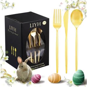 LIYH 102 Pcs Gold Plastic Silverware Disposable, Plastic Gold Utensils Heavyduty - Disposable Cutlery Includes Knives Forks and Spoons for Party, Birthday,Wedding Events