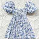 Floerns Women's Floral Dress Puff Sleeve Dress Square Neck Summer Vacation Picnic Mini Dresses (Blue, Medium)