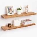 36" Rustic Elm Wood Floating Shelves for Wall, 9.3 Inch Deep Live Edge Wall Shelves for Storage, Wall-Mounted Display Shelves with Invisible Bracket for Living Room Bedroom Kitchen, Set of 2, Natural (36inch, set of 2)