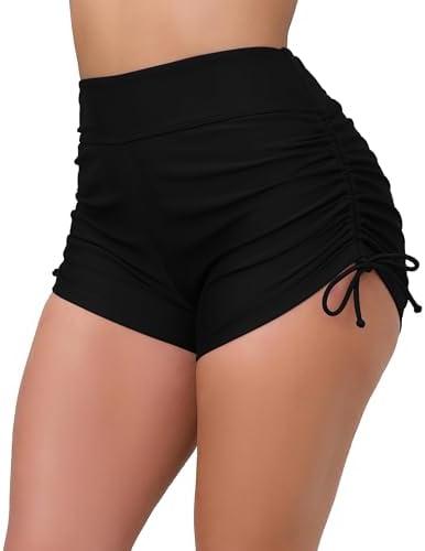Halcurt Women's High Waisted Swim Board Shorts Tummy Control Side Tie Adjustable Tankini Swimsuit Bottoms, Size S