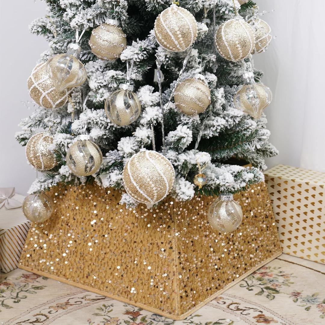 Champagne Gold Christmas Tree Collar with Sparkling Sequin, Christmas Tree Collars for Atificial Trees, 24 Inch Tree Skirt, Xmas Tree Stand Base Cover, Holiday Home Decor Christmas Tree Ring (Medium)