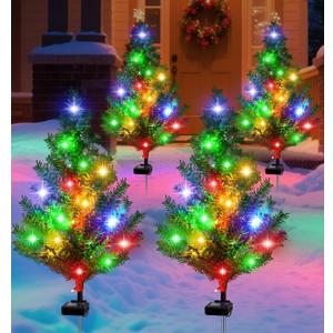 Solar Christmas Tree Outdoor Decor, Waterproof Solar Xmas Decorations Garden Stake Lights, Multi-Color LED Artificial Prelit Christmas Dcor for Outside Landscape Pathway Porch Yard Holiday (4 pcs)