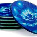 Set of 6 Round Drink Coasters, Blue Floral Design, Gift Boxed, Tempered Glass, Non Slip, Suit Indoor or Outdoor, Kitchen, Dining, Living