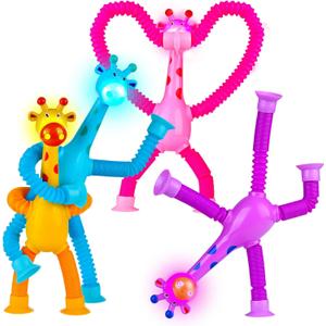 LED Giraffe Pop Tubes 4 Pack , Suction Cup Sensory Fidget Toys for Toddlers, Stress Relief & Travel Toys, Party Favors Classroom Prizes for Kids 3-5