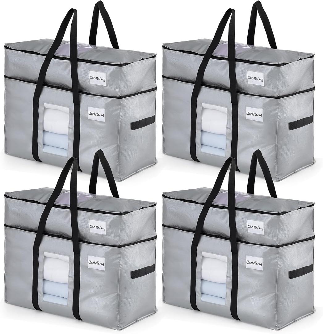 TAILI 2 Tier Extra Large Moving Bags, 4 Pack Silver Heavy Duty Totes for Storage with Visible Window, Wrap Around Handles, Storage Bags for Space Saving, Alternative to Moving Boxes