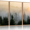 FWIEXA Misty Forest Wall Art Set Framed, Large Mountains Canvas Wall Decor, Green Nature Wall Painting, Foggy Tree Landscape Artwork 3 Panel 24x36 Inches for Living Room, Bedroom, Office, Gift