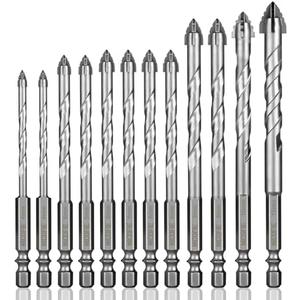 12 Pcs Concrete Carbide Drill Bits Set Hex Shank Masonry Cement Tile Drill Bit Set Hex Shank for Glass/Brick/Plastic/Wood/Procelain/Aluminium/Tile 5/32"-1/2"