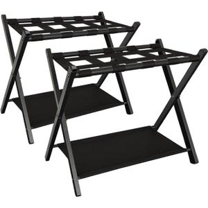 Queension Folding Luggage Rack Stand with Shelf for Guest Room, Foldable Metal Suitcase Storage Caddy Holder for Bedroom Hotel Essentials, Black, 2pack