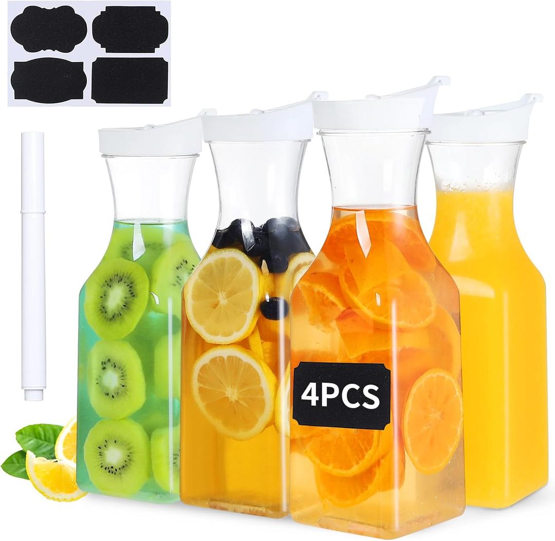 Plastic Carafe with Lid, Pack of 4, 1 Liter Mimosa Bar Supplies Large Square Base Clear Beverage Milk Drink Water Juice Containers for Mimosa Bar Fridge (4)