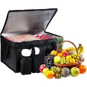 Food Delivery Bag,3XL Insulated Food Transport Bag with Cup Holder - Reusable Cooler Bag for Cold and hot Food with lid and Double Zipper, 23W x 15H x 14D inches