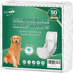IMMCUTE Dog Diapers Male Large 50 Ct, Disposable Male Dog Wraps with Wetness Indicator, Super Absorbent Puppy Diapers Male, Comfortable Doggie Diapers for Excitable Urination, Incontinence, White