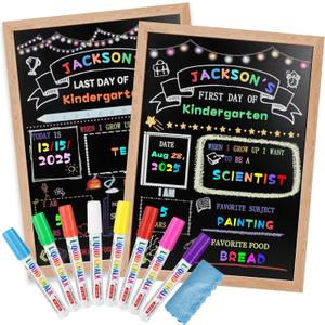 Stondino First Day of School Sign-16"x12"Wooden First and Last Day of School Board Double Sided Chalkboard with 8 Liquid Chalk Markers, Reusable Back to Schools Sign for Kindergarten Preschool
