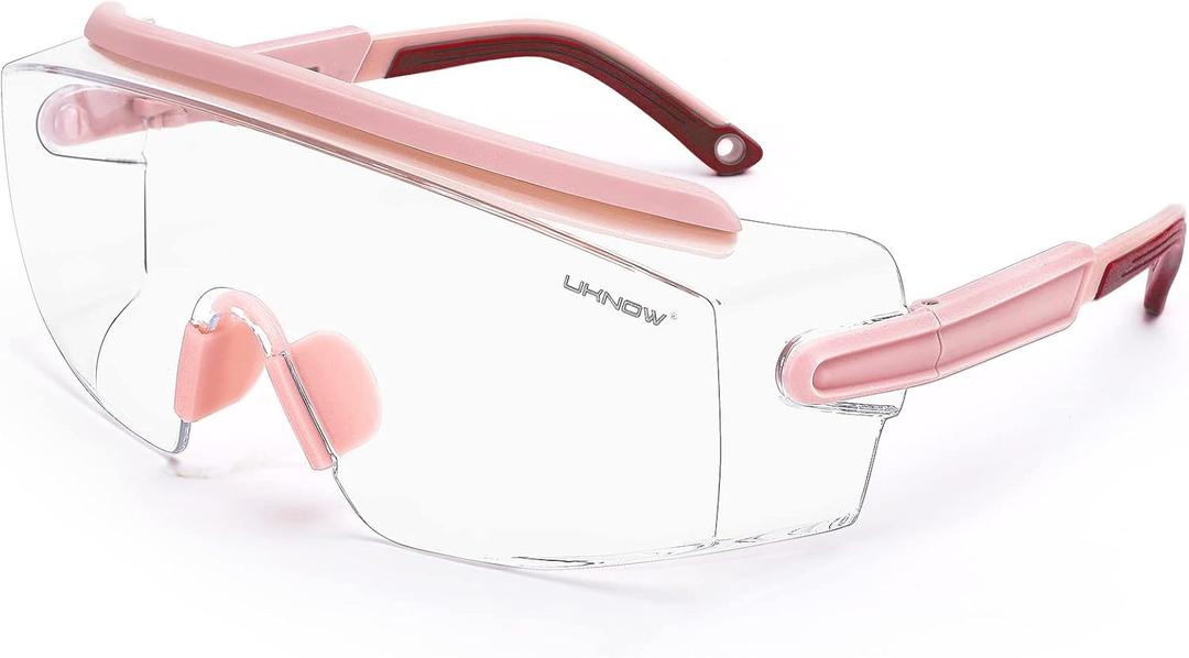 UKNOW Safety Goggles Over Glasses, Anti Fog Safety Glasses with Clear Wraparound Lens, ANSI Z87.1 Protective Eyewear (Melon Pink)