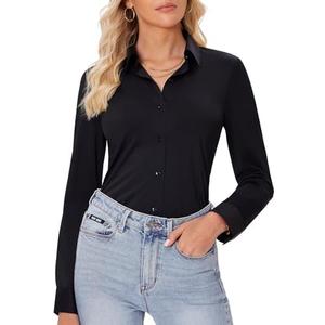 siliteelon Button Down Shirts for Women Slim fit Long Sleeve Stretch Dress Shirts Work Shirt Wrinkle Free Office Blouses, L, Black