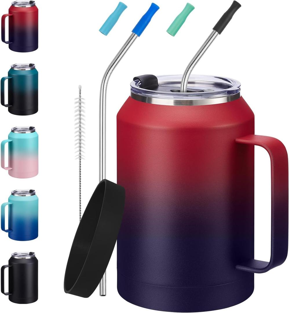 Stainless-Steel Coffee Cup 32 oz Mug Tumbler - with Handle, Straws & Protective Boot, Keep Cold 36hrs & Hot 24hrs, Insulated Tumbler Water Cup, Leak-proof Big Travel Mugs Thermal Flask Water Bottle (Ruby Purple)