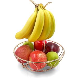 ALLCENER Gold Fruit Bowl with Banana Hanger, Gold Wire Basket for Kitchen Counter, Fruit Basket Tree Holder, Stylish Kitchen Counter Organizer for Fresh Fruits
