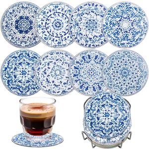 Blue and White Porcelain Diamond Art Coaster Kit, 8PCS DIY Diamond Painting Crafts with Holder, Chinese Style Mosaic Diamond Kit for Adults, Elegant Gift for Women & Teens