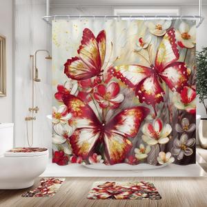 Gothic Burgundy Red Butterfly Floral Bathroom Shower Curtain Set with Rugs, 72"W x 72"L