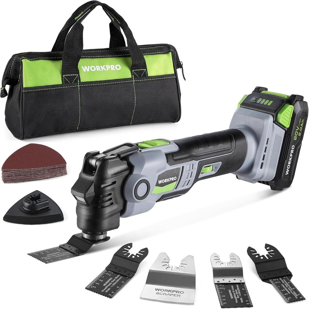 WORKPRO 20V Oscillating Tool Kit, Cordless and Brushless 19,000 RPM Orbiting Multi Tool with 6 Variable Speeds, 3.6Oscillation Angle, 21pcs Saw Accessories, 1 Rechargeable Battery and Carrying Bag