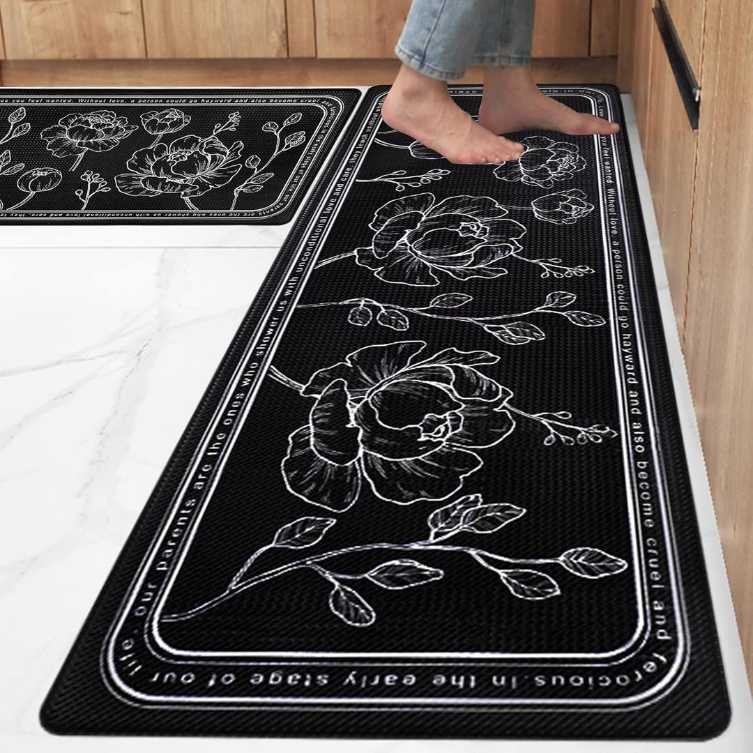 ROTTOGOON Kitchen Floor Mat Set of 2, Cushioned Anti Fatigue Kitchen Mat 17"x47"+17"x29", Non-Slip Waterproof Kitchen Rug, Premium PVC Comfort Kitchen Mats and Rugs for Kitchen, Office, Home, Laundry (Black)