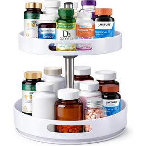 Pill Bottle Organizer, 2 Tier Lazy Susan Organizer, Rotating Spice Rack Organizers for Cabinet, Turntable Organization and Storage for Medicine Cabinet Bottle Pantry Countertop (White)