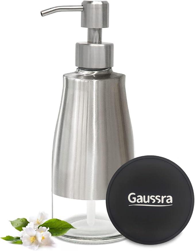 Soap Dispenser with Coaster and Stickers, Brushed Nickel Stainless Steel Case Glass Liner Hand Pump Dispenser, Refillable Liquid Hand Soap Dispenser for Bathroom & Kitchen (11OZ / 320ML)