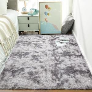 Ophanie 4x6 Ft Tie-Dyed Grey&White Area Rugs for Bedroom Living Room, Fluffy Shag Large Fuzzy Plush Soft Throw Rug, Gray Large Shaggy Floor Big Carpets, Kids Home Decor Aesthetic, Nursery