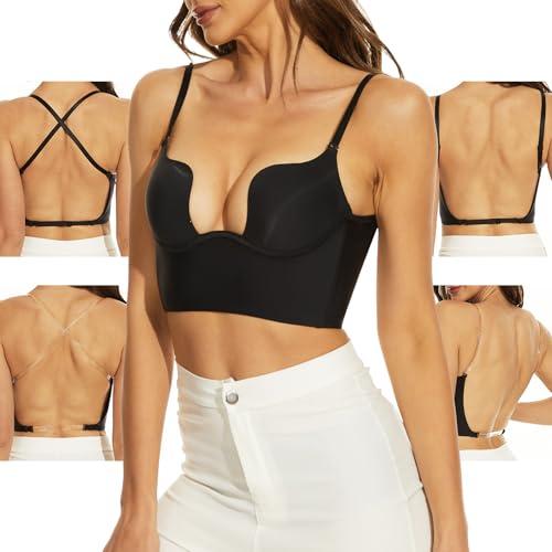 sealsea Womens Low Back Bra Wire Lifting Deep U Shaped Plunge Backless Bra with Convertible Clear Straps 34 D