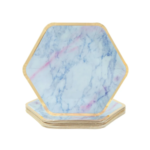 BLUE PANDA Marble Paper Party Plates (48 Count), Gold Foil Border, 9 x 8 Inches - Paper Plates