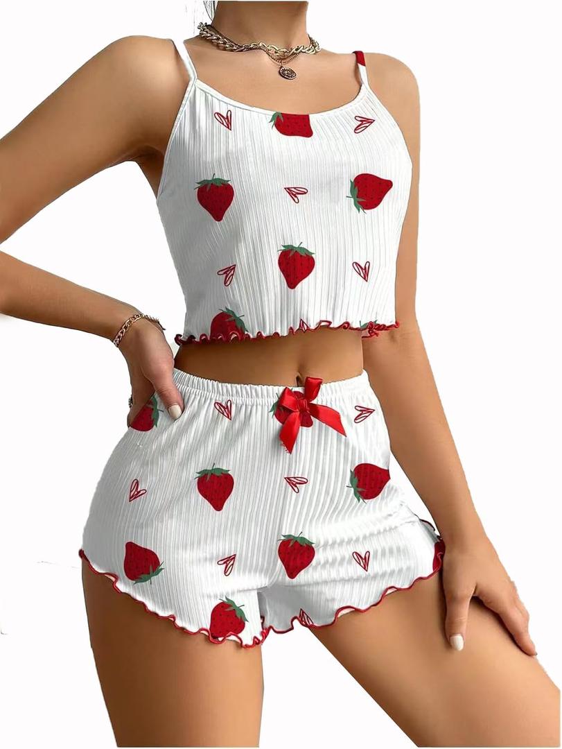 UNIQUEONE Cute Pajamas for Women Strawberry Print PJ Set Crop Cami Tops and Shorts Set 2 Piece Lounge Sets (Medium, White) UNIQUEONE Cute Pajamas for Women Strawberry Print PJ Set Crop Cami Tops and Shorts Set 2 Piece Lounge Sets (Medium, White)