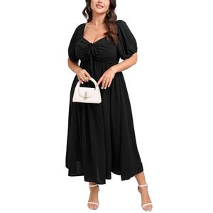 SCOMCHIC Plus Size Sweetheart Neckline Maxi Dress Formal Wedding Guest Short Puff Sleeve Cocktail Smocked A-Line Dresses Black XL