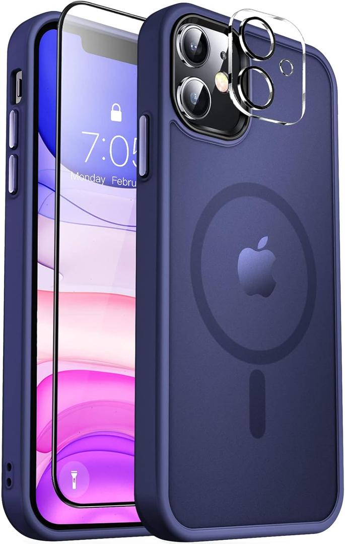 MOCCA Strong Magnetic for iPhone 11 Phone Case,[Compatible with Magsafe][Glass Screen Protector+Camera Lens Protector] Slim Thin Shockproof Cover Case for iPhone 11 6.1 inch, Deep Blue